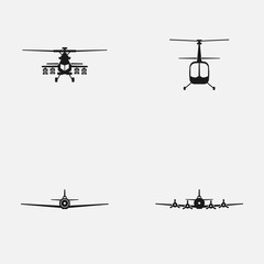 Set of military aircrafts and helicopters black and white vector icons.