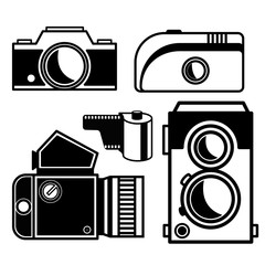 Stylish film photo cameras set. Analog retro photo cameras sketch, flat doodle style. Simple hand drawn vector illustration. Medium format and 35 mm format cameras and 35 mm strip
