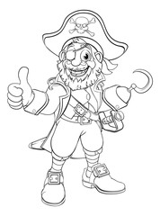 A pirate captain cartoon character in black and white outline like a colouring book page