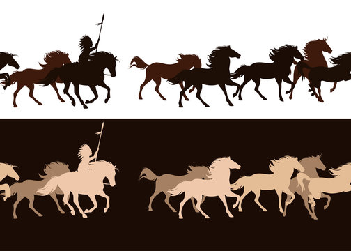 native american tribal chief riding horse among galloping mustang herd - horizontally seamless vector silhouette border design