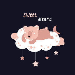 Cute bear is sleeping on a cloud. Sweet Dreams