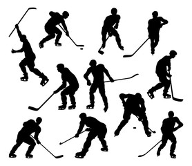 A set of detailed silhouette hockey players in lots of different poses