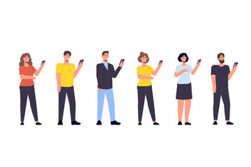 Fototapeta premium Diverse focus group of peoples concept. People with smartphone in hands. Vector illustration
