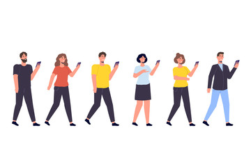 Diverse focus group of peoples concept. People with smartphone in hands. Vector illustration