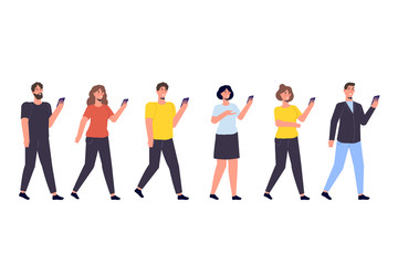 Fototapeta premium Diverse focus group of peoples concept. People with smartphone in hands. Vector illustration