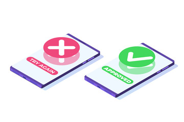 Payment error and approved concept. Vector isometric illustration.