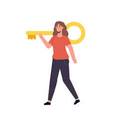 A woman carries a big yellow key. Problem solving, finding the answer concept. Vector illustration.
