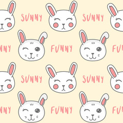 kawaii doodle bunny seamless pattern on yellow background, cute domestic animal, lovely cartoon drawing pet, editable vector illustration for kids decoration, fabric, textile, paper