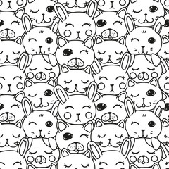 kawaii doodle pets black and white seamless, cute domestic animals, lovely cartoon drawing cat, dog, puppy, bunny, editable vector illustration for kids decoration, fabric, textile, coloring book