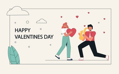 Characters for the feast of Happy Valentine's Day. Vector illustration of a couple in love, young man play the saxophone to a cute girl. Can use banner, flyer, poster landing page, greeting card.