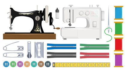 Sewing machine retro. Tools and materials sewing and needlework. Sewing machine, needle, safety pin, scissors, zipper, yarn, hanger and the spool of thread. Sewing workshop or tailor shop.