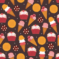 Food seamless pattern with ice cream, cookie, cupcakes