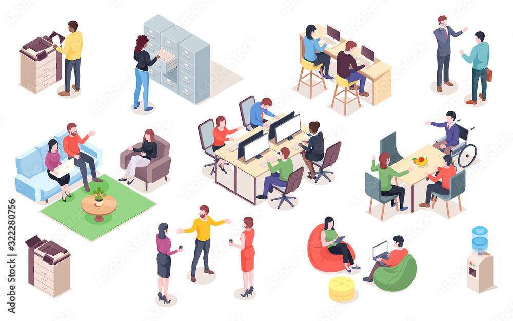 Poster Set of vector office elements with people. Isometric coworking or open space elements for infographic or business icon for meeting. Man and woman work at workplace, reception. Interior design