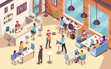 Interior view on people working and having lunch at cafe or cafeteria, work or job coffee meeting. Isometric view of dining room for office coworkers. Businessman and businesswoman workplace - obrazy, fototapety, plakaty