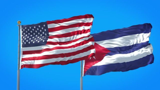 Cuba and United States flag waving in deep blue sky together. High Definition 3D Render.