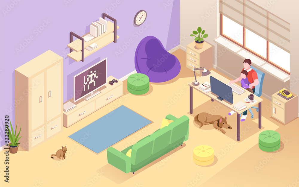 Poster man with child working at home. isometric view on living room with young father and kid at desk. mal