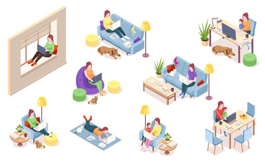 Set of isolated vector woman at workplace. Girl with notebook sitting in chair bag, windowsill, sofa desk with computer, lying on floor. Freelancer working with dog, cat, pet.Isometric office employee - obrazy, fototapety, plakaty