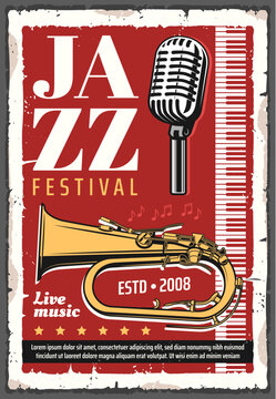 Jazz music festival concert poster with trumpet brass instrument and piano keyboard, musical notes and retro microphone. Live music show of jazz band invitation design