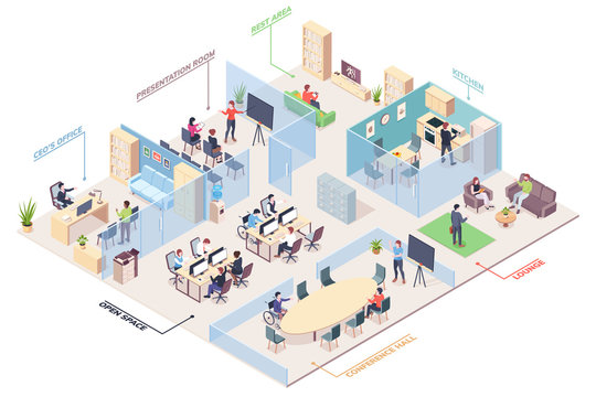 Isometric office design with CEO, presentation room and open space, rest area and kitchen, lounge and conference hall. Cubicle vector coworking space for work or job. Business center plan