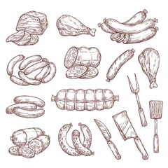 Beef and pork sketches, sausages, butcher and barbecue tools. Meat food vector sketches. Salami, ham, chicken and turkey legs, smoked frankfurter, pepperoni and wurst, knives, bbq meat fork © Vector Tradition