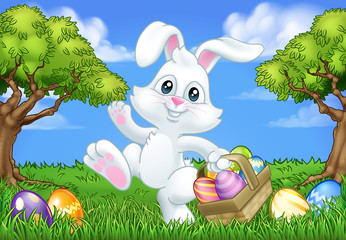 Easter bunny rabbit cartoon character holding a basket full of painted Easter eggs in a field of grass.