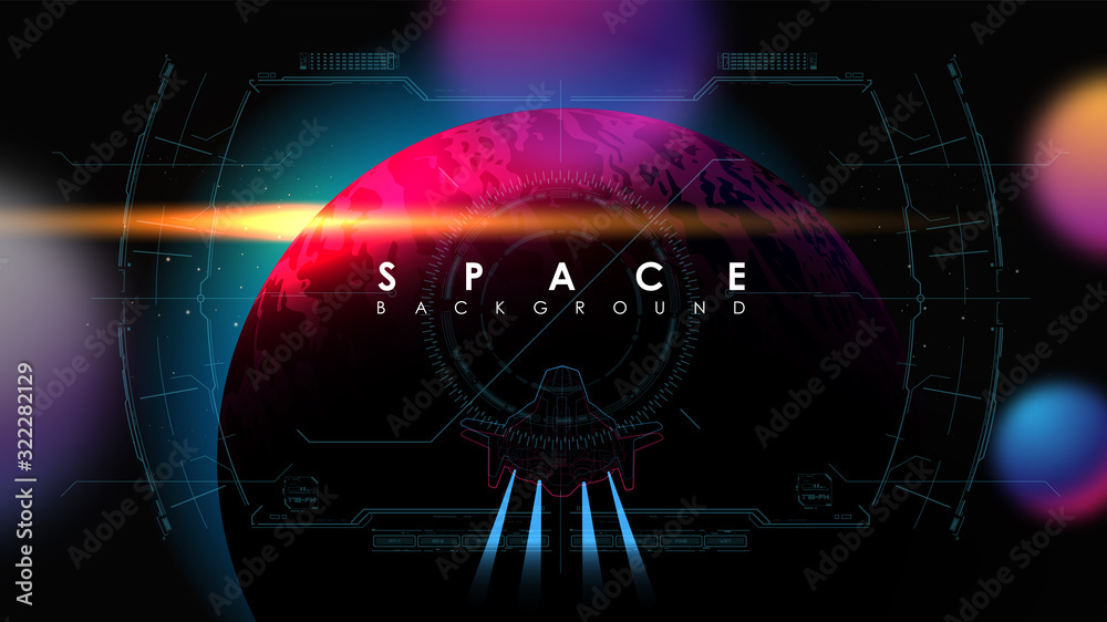 Sticker horizontal space background with flying spaceship and planets. astronomical scientific background wi