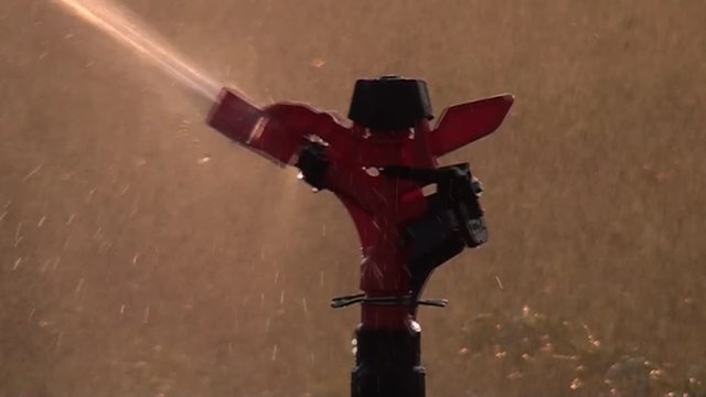 Irrigation systems is working in grass field. Close up footage.