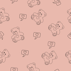 Seamless pattern vector illustration of hand drawn bear with heart Ink drawing, beautiful animal design elements Funny illustration Valentine's Day toy on color background