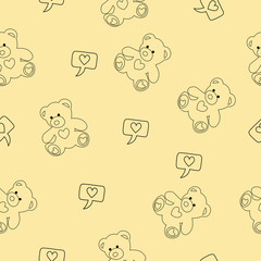  Seamless pattern vector illustration of hand drawn bear with heart Ink drawing, beautiful animal design elements Funny illustration Valentine's Day toy on color background