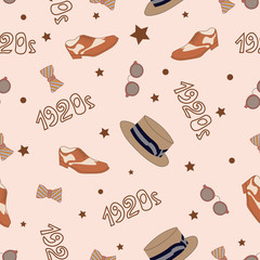 Seamless pattern set men's clothes and accessories 1920s hat, butterfly, glasses, shoes. Vector men's suit on black background