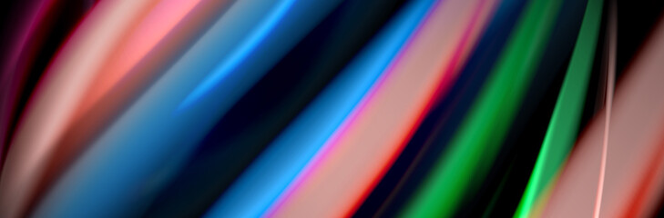 Silk and smooth flow wave poster design. Color waves, liquid style lines and shapes in black color background