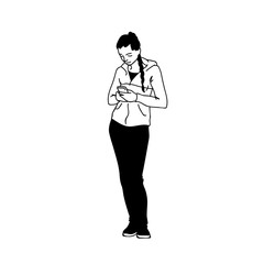 Sporty young woman looking in smartphone, communicating online. Side view. Monochrome vector illustration of girl with phone in simple line art style. Hand drawn sketch isolated on white background.
