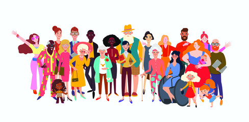 Multicultural team. People of different nationalities and age. Multinational society. Teamwork, cooperation, friendship concept. Society or population, social diversity. Flat vector illustration.