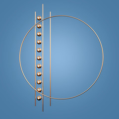 Round gold frame with gold balls on a blue background. Abstract composition. 3D illustration