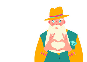 Elderly man with a beard and a hat shows hands heart. Golden age grand father, freedom relax retirement concept. Cartoon style, flat vector illustration.