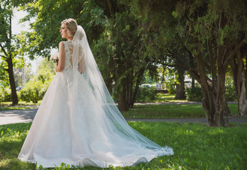 Fototapeta premium A beautiful girl in a wedding dress stands against the background of columns and nature