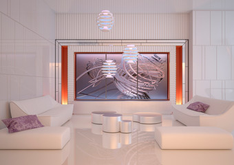 Futuristic interior design. Luxury kitchen with dining area. 3D illustration