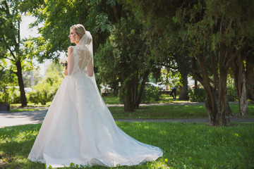 A beautiful girl in a wedding dress stands against the background of columns and nature