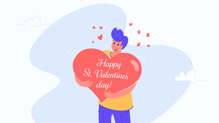 Happy smiling man hugging heart symbol as Valentines greeting card. Flat vector illustration of people who fell in love and celebrating Saint Valentines day. Romantic banner on white background