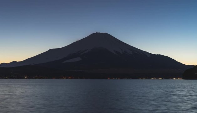 Sunset and stars at Lake Yamanakako with Mt Fuji in winter