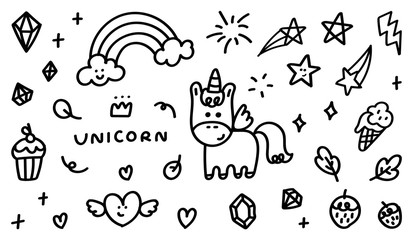 cute unicorn and lovely hand drawn doodle design element, star, cup cake, rainbow , heart, thunder, gem, tree and fruit vector illustration