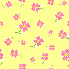 Seamless cute floral spting pattern background. Pink flower pattern on yellow background. Mothers Day, 8 March