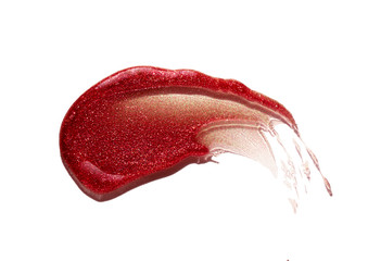 Lip gloss swatch pink red color smudge sample isolated on white background