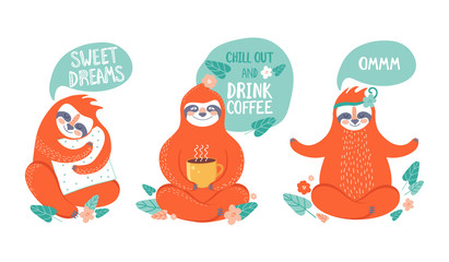 Collection of funny sloths in different postures. Lazy exotic animal meditates, does yoga, drinks coffee and sleeps on a pillow. Cute cartoon character doing daily things.  vector illustration.