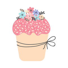 Happy Easter Day. Easter cake, sweet bread or Paska isolated on white background. Hand drawn vector illustration. Food icon. Sweet pastries or cake. Traditional Orthodox and Catholic food. Doodle.