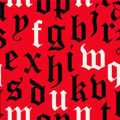 Seamless red, black and white gothic, medieval style letter, text, font vector pattern. Gift wrapping paper, interior, cloth, fabric or web design.