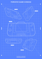 Retro handheld video game device, Modern template for web and print. Hi-tech device concept. technical drawing.