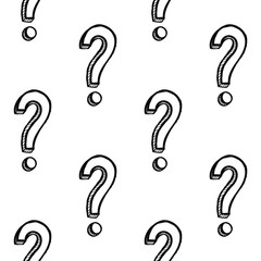 Seamless black and white monochrome hand drawn back to school font vector pattern with black outline question marks on white background. Gift wrapping paper, interior, cloth, fabric or web design.