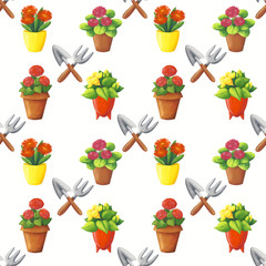 Indoor flowers seamless pattern.  Indoor plants in flower pots, spatula, rake. Gouache illustration on a white background. Cute, spring, cartoon print about gardening. Homemade geraniums and gerbera