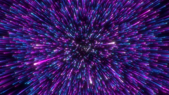 Looped animation. Interstellar travel through space and time at the speed of light. Bright neon blue and violet laser beams on dark background. Colorful fireworks. 3d rendering.